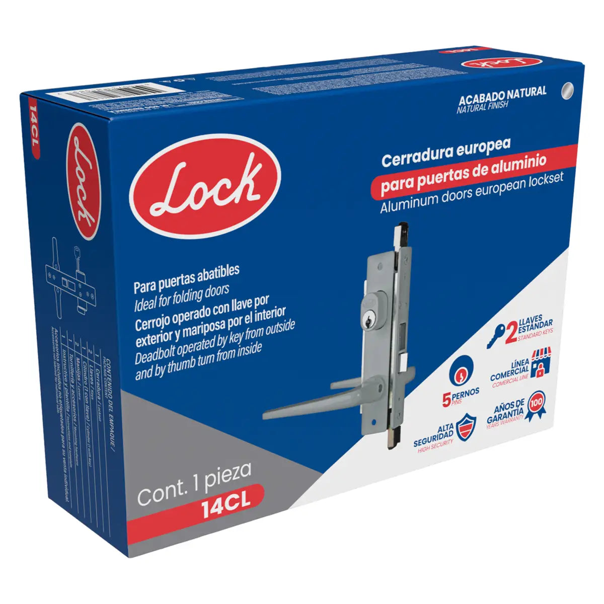 Cerradura clásica para puertade aluminio función doble, gris, llave estándar