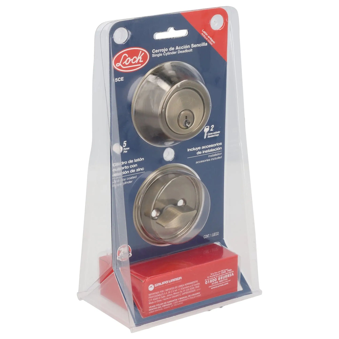 Cerrojo residencial función sencilla, latón antiguo, llave estándar, blíster