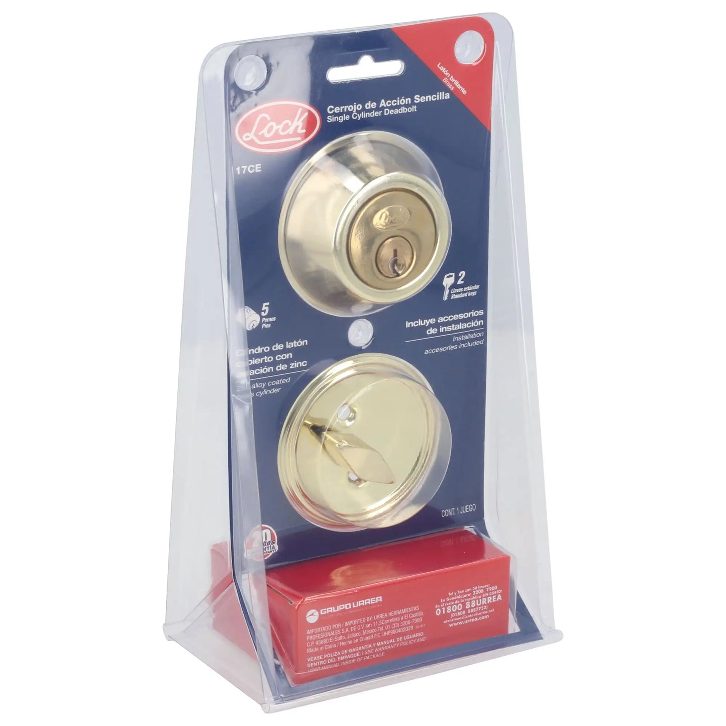 Cerrojo residencial función sencilla, latón brillante, llave estándar, blíster