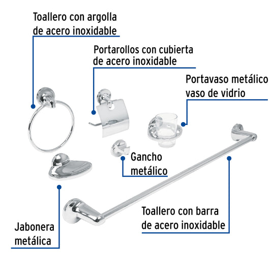 Juego de 6 accesorios para baño metálicos, Foset 49395