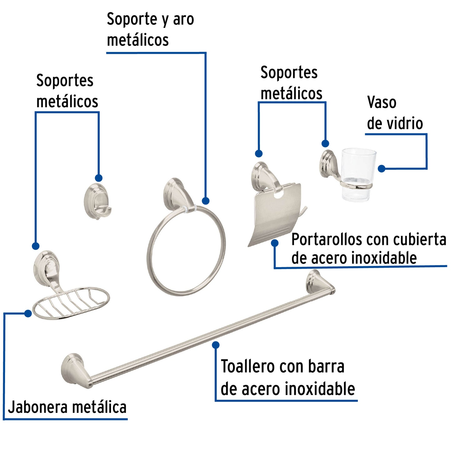 Juego de 6 accesorios p/baño satín chapetón ovalado, Foset 49162