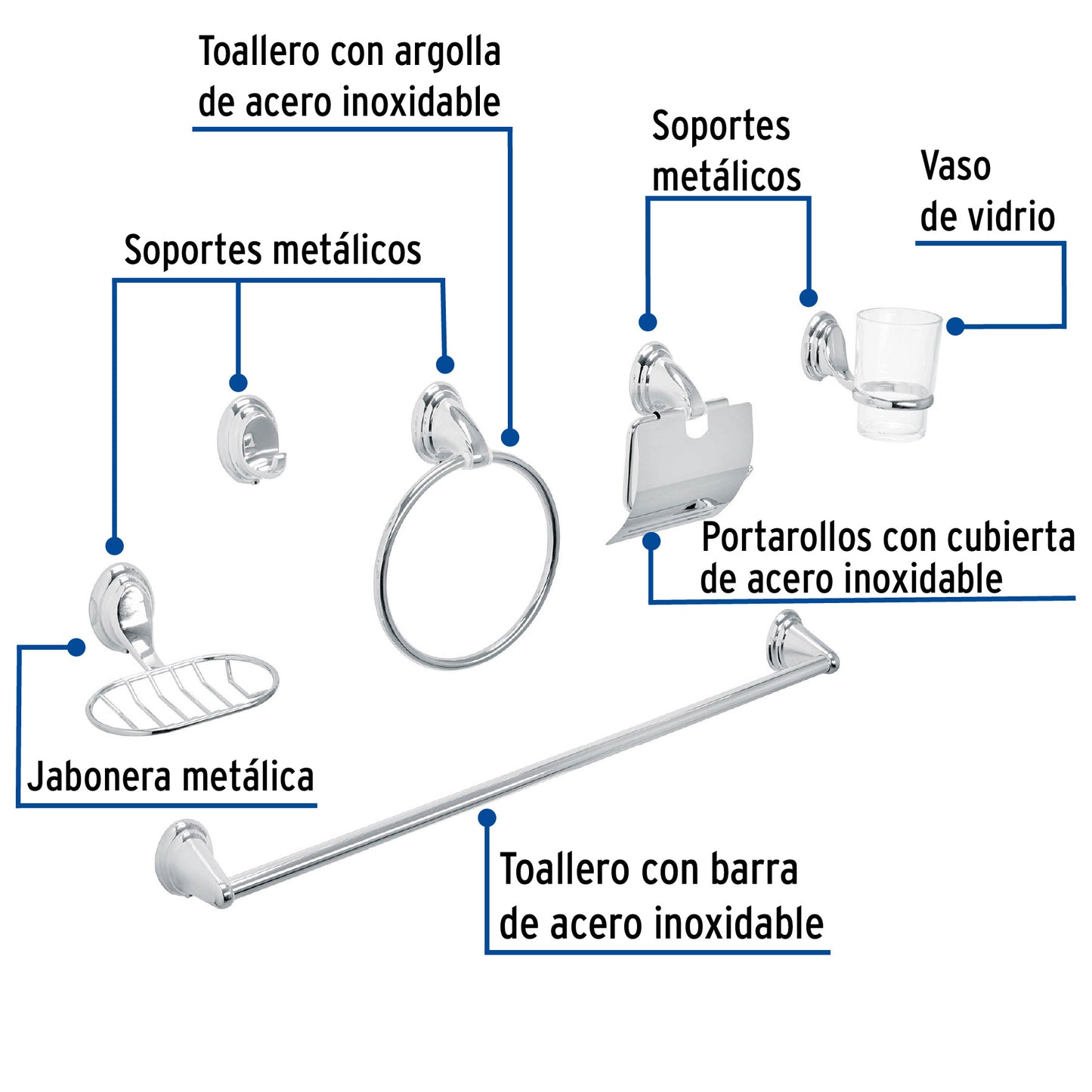 Juego de 6 accesorios p/baño cromo chapetón ovalado, Foset 48341