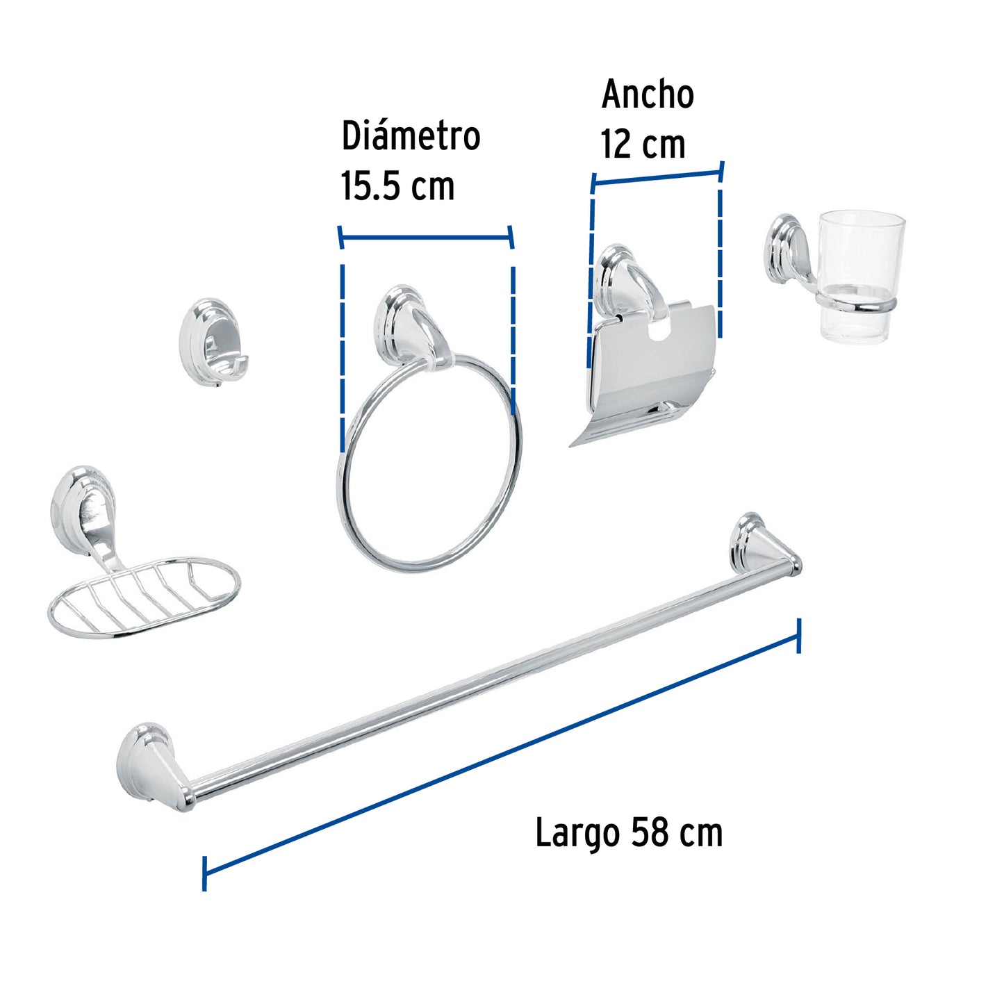 Juego de 6 accesorios p/baño cromo chapetón ovalado, Foset 48341