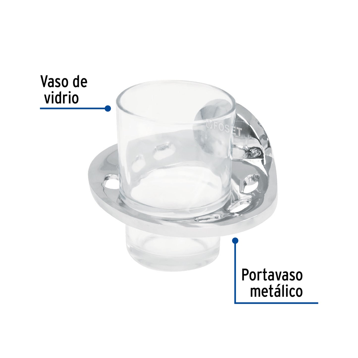 Portavaso cepillero metálico con vaso de vidrio, Foset 49398