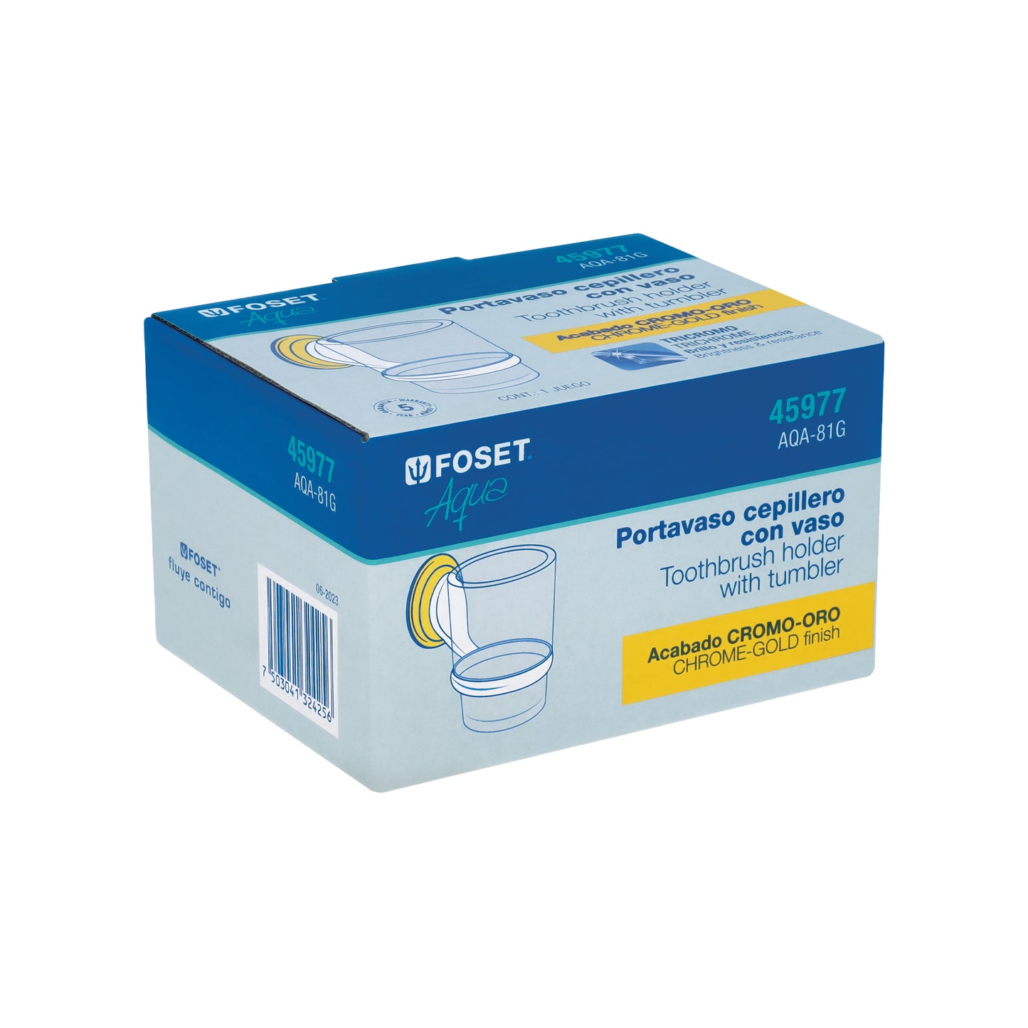 Portavaso cepillero cromo-oro con vaso de vidrio, Foset Aqua 45977