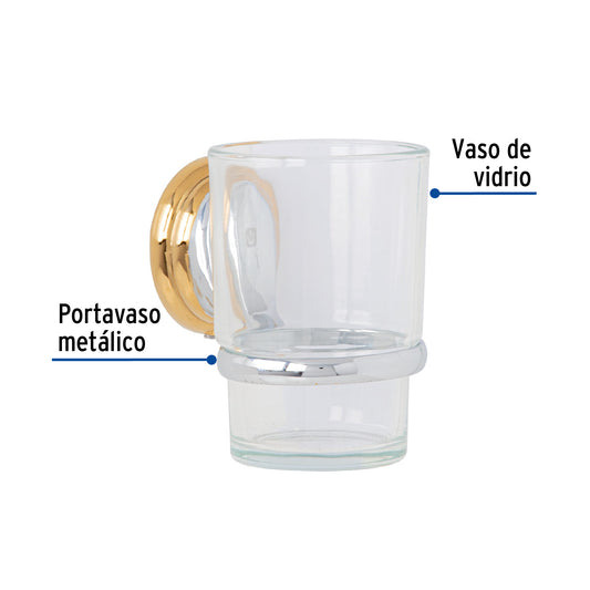 Portavaso cepillero cromo-oro con vaso de vidrio, Foset Aqua 45977