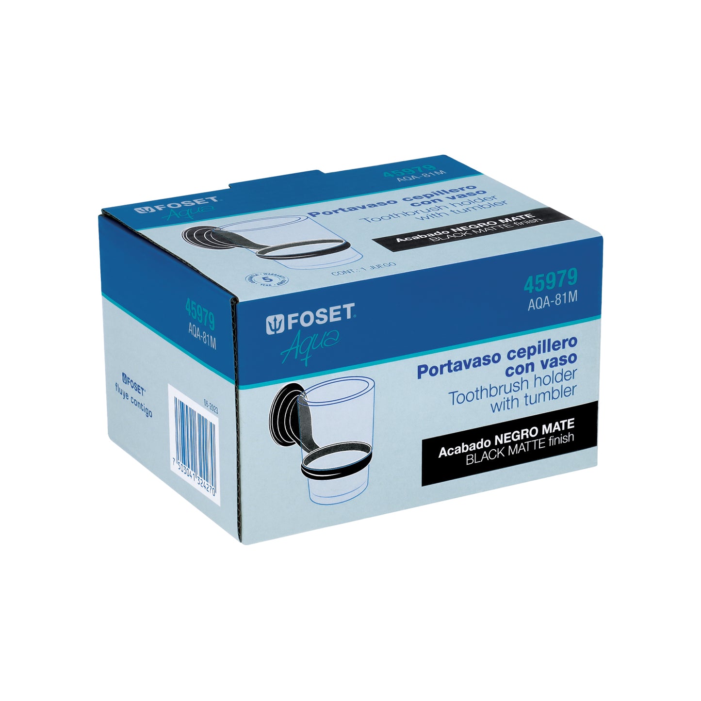 Portavaso cepillero negro con vaso de vidrio, Foset Aqua 45979