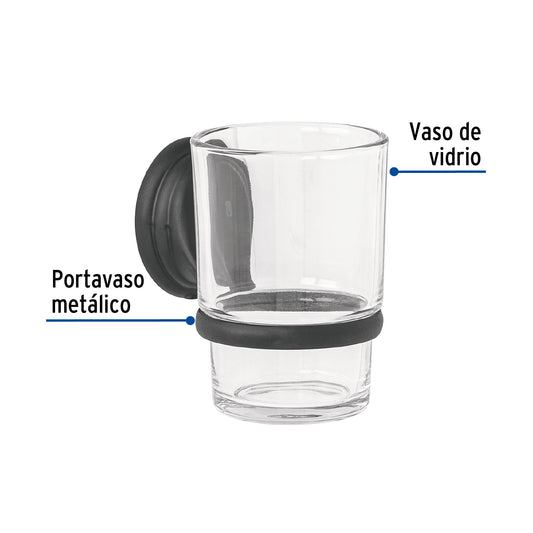 Portavaso cepillero negro con vaso de vidrio, Foset Aqua 45979