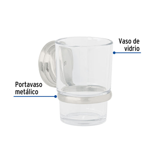 Portavaso cepillero satín con vaso de vidrio, Foset Aqua 45978