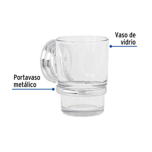 Portavaso cepillero cromo con vaso de vidrio, Foset Aqua 45976