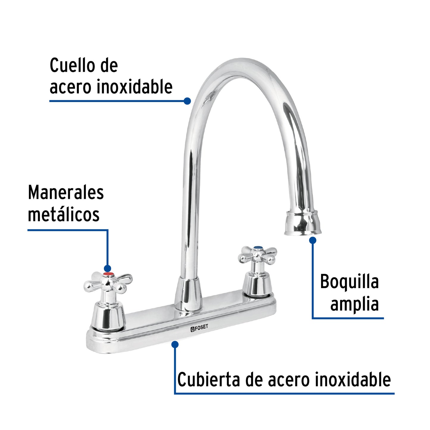 Mezcladora fregadero 8" cromo, cuello largo, cruceta, AQUA 49686