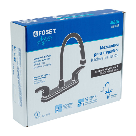 Mezcladora fregadero 8" negro, cuello largo, palanca, AQUA 45625