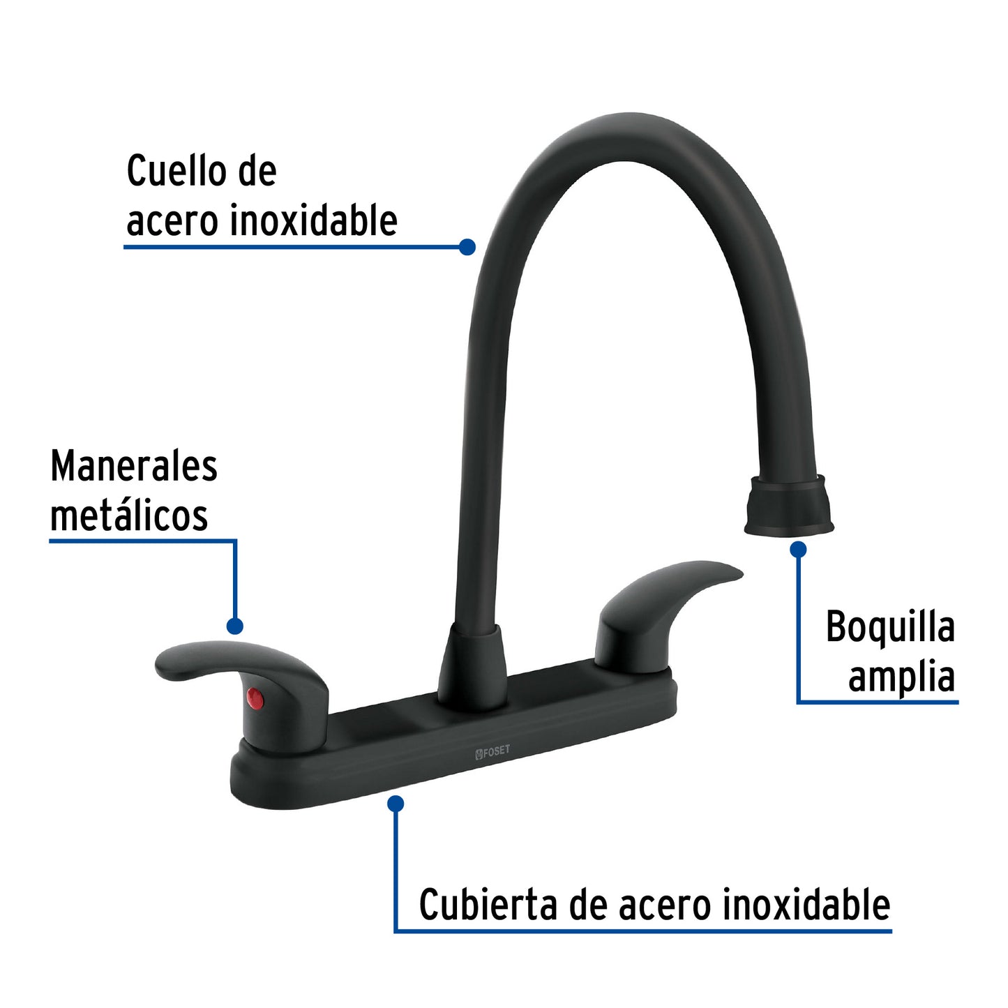 Mezcladora fregadero 8" negro, cuello largo, palanca, AQUA 45625