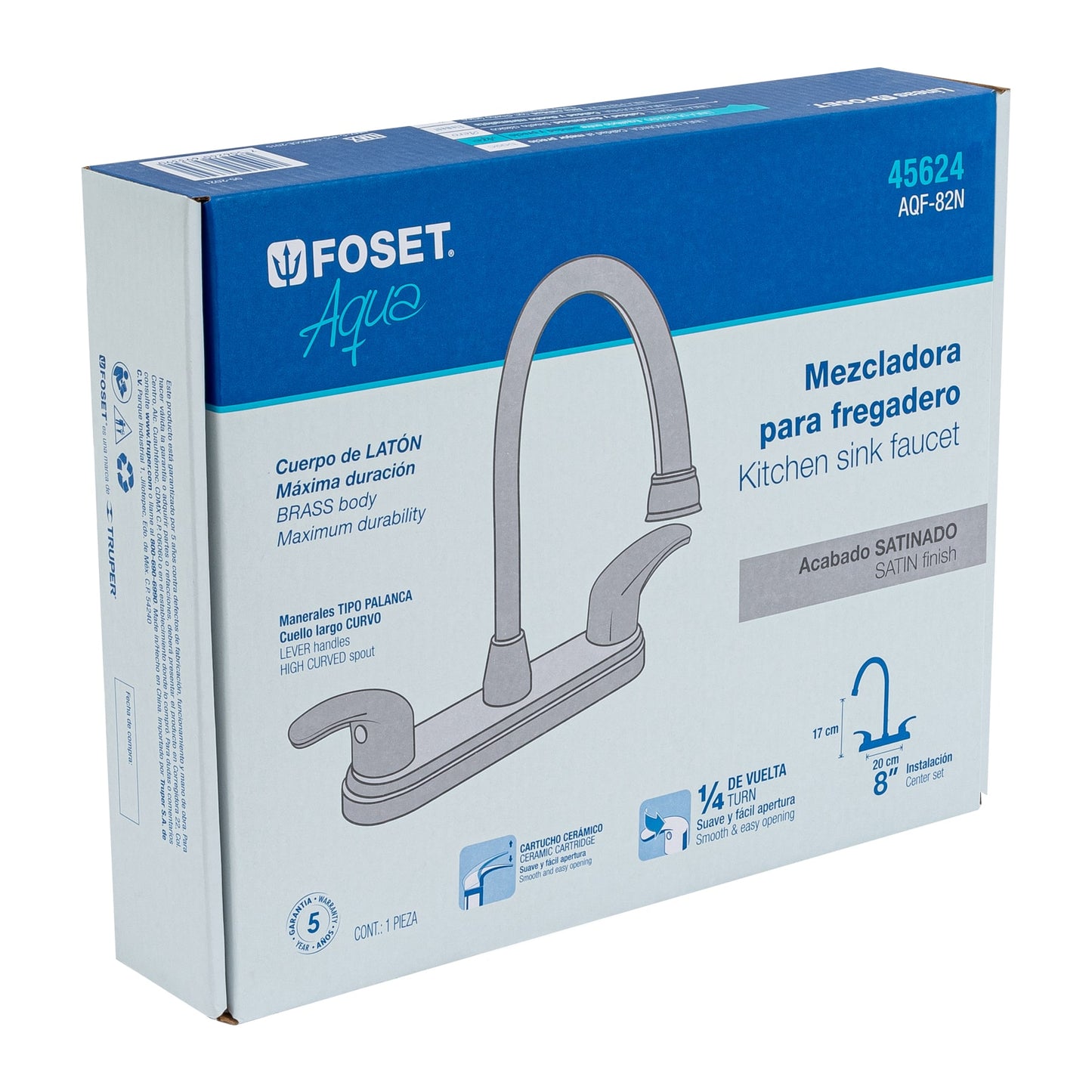 Mezcladora fregadero 8" satín, cuello largo, palanca, AQUA 45624