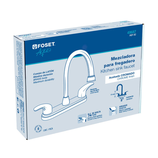 Mezcladora fregadero 8" cromo, cuello largo, palanca, AQUA 49687
