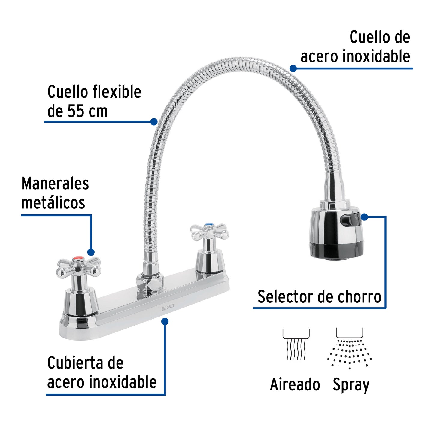 Mezcladora fregadero 8" cromo, cuello flexible, cruceta, AQUA 49819