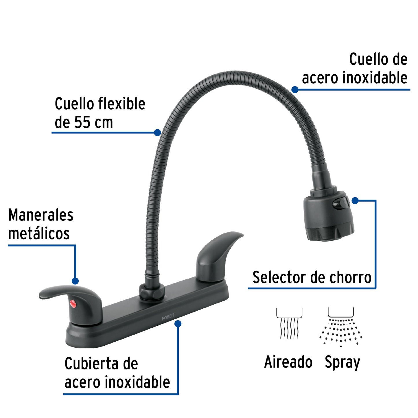 Mezcladora 8" p/fregadero, flexible, palanca, negro, Aqua 47917