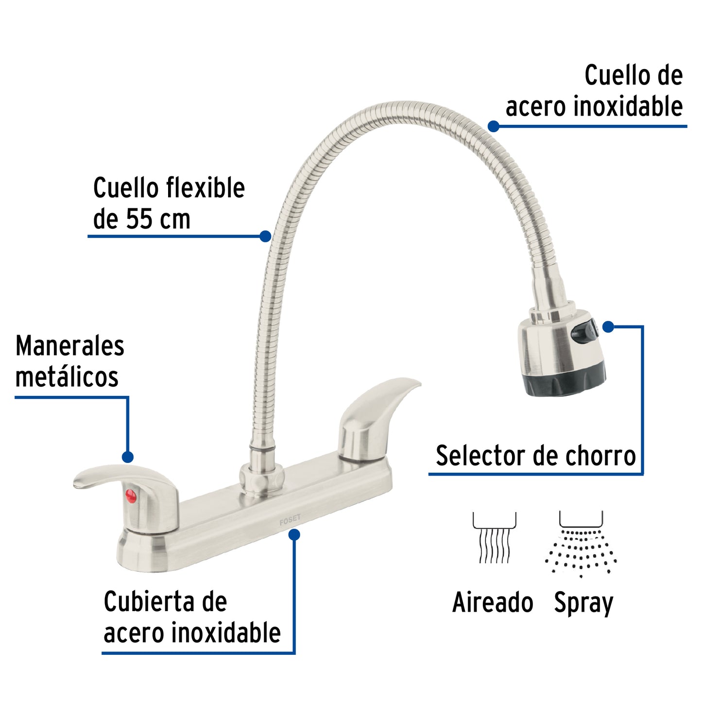 Mezcladora 8" p/fregadero, flexible, palanca, satín, Aqua 47916