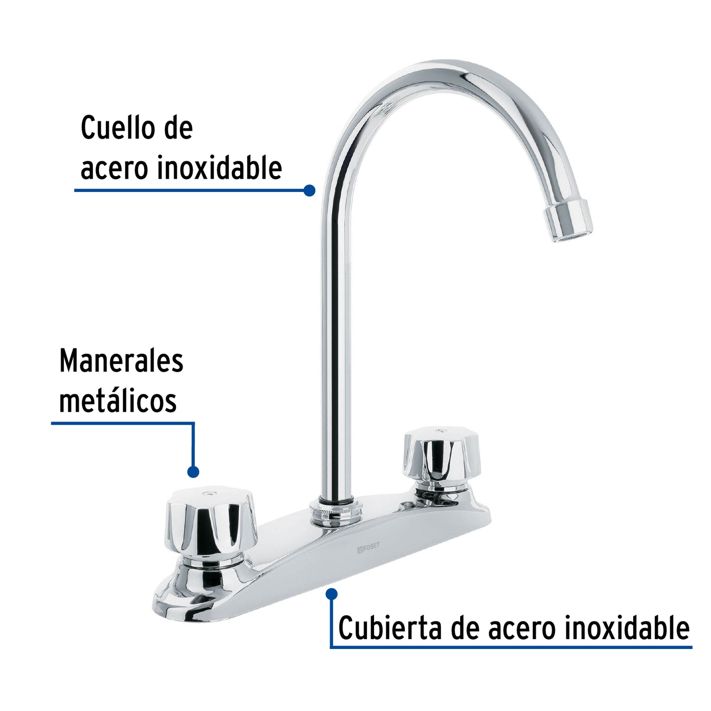 Mezcladora fregadero 8" cromo, cuello largo, hexagonal, AQUA 45628