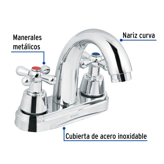 Mezcladora lavabo 4" cromo, nariz curva, cruceta, AQUA 49692