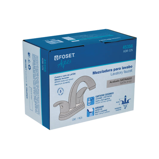 Mezcladora lavabo 4" satín, nariz curva, palanca, AQUA 45356