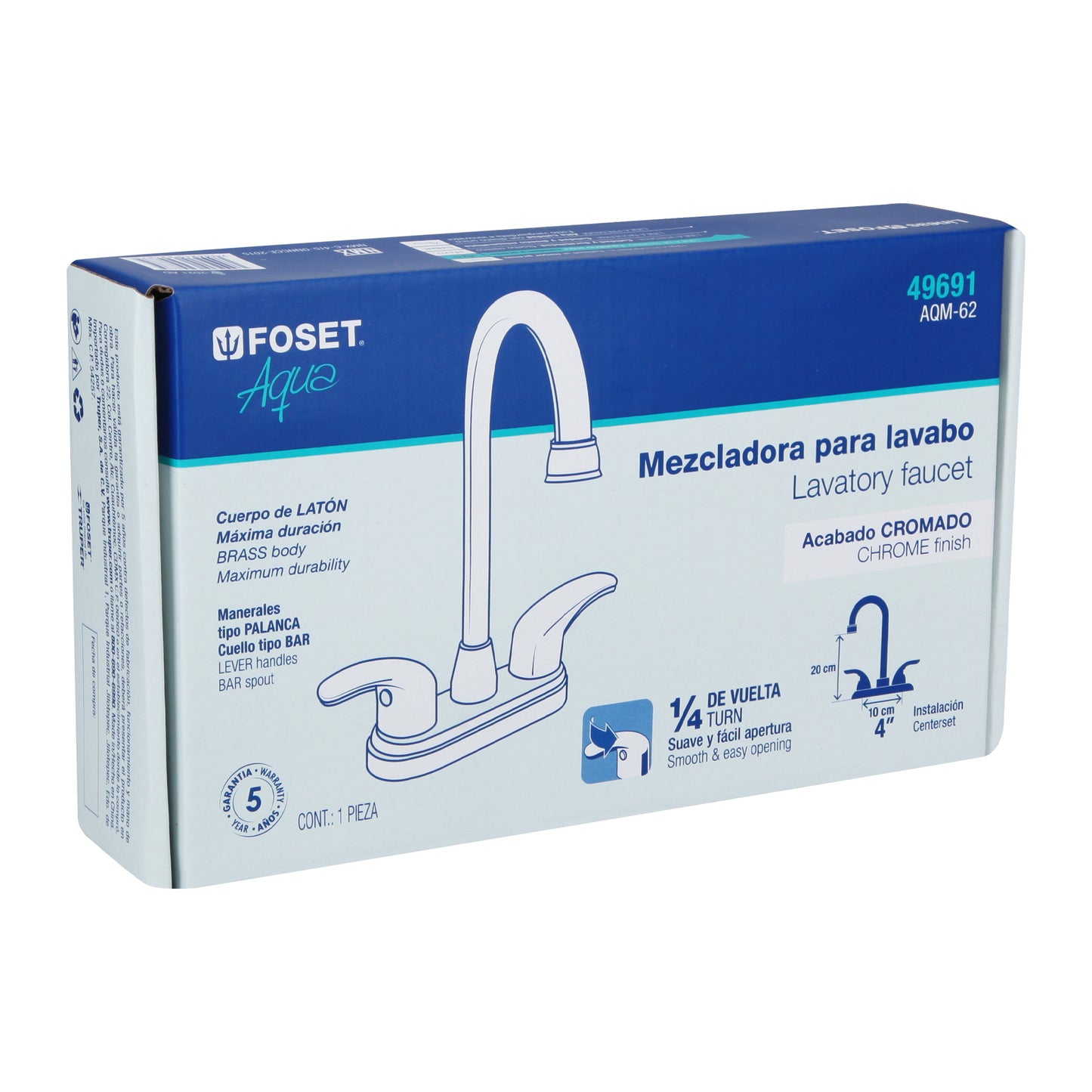 Mezcladora lavabo 4" cromo, tipo bar, palanca, AQUA 49691