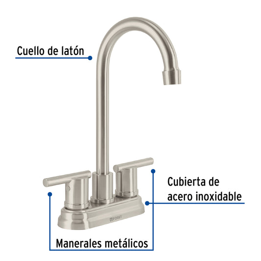 Mezcladora satín 4" para lavabo cuello tipo bar, Foset 49942