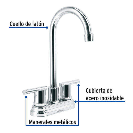 Mezcladora cromo 4" para lavabo cuello tipo bar, Foset 49930