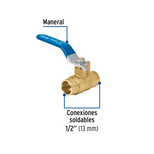 Válvula de esfera, de latón, soldable, 1/2", alta presión 49481