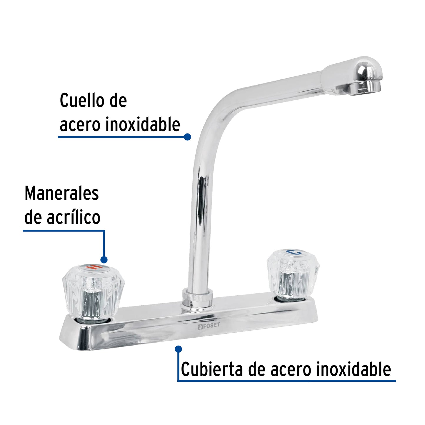 Mezcladora 8" fregadero cromo, cuello cobra, acrílico, BASIC 49192