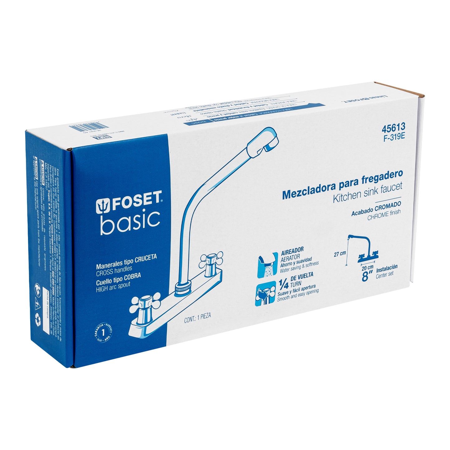 Mezcladora 8" fregadero cromo, cuello cobra, cruceta, BASIC 45613