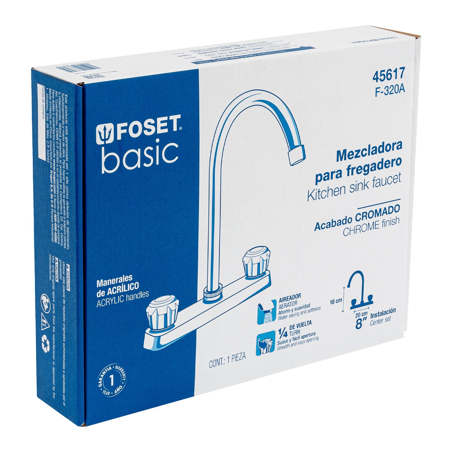 Mezcladora 8" fregadero cromo, cuello curvo, acrílico, BASIC 45617
