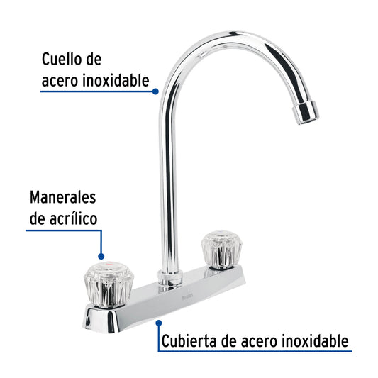 Mezcladora 8" fregadero cromo, cuello curvo, acrílico, BASIC 45617