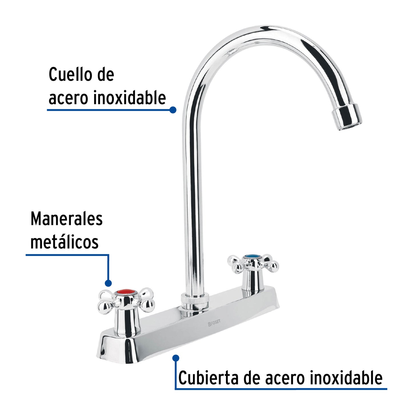 Mezcladora 8" fregadero cromo, cuello curvo, cruceta, BASIC 45620
