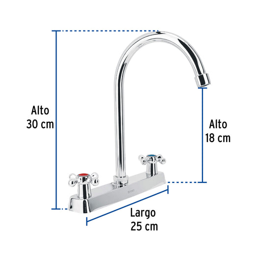 Mezcladora 8" fregadero cromo, cuello curvo, cruceta, BASIC 45620