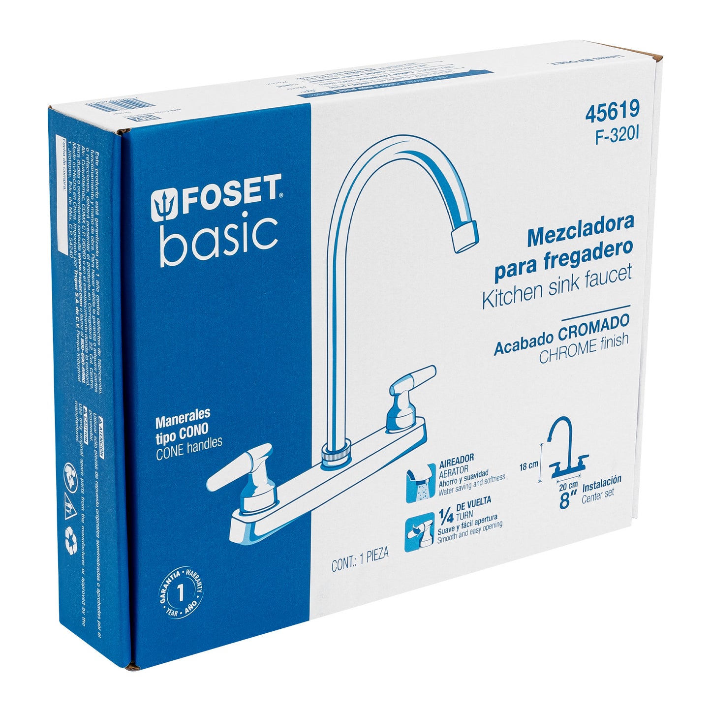 Mezcladora 8" fregadero cromo, cuello curvo, cono, BASIC 45619