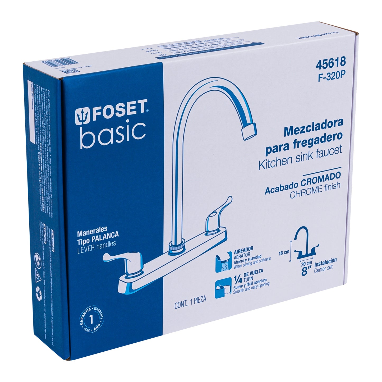 Mezcladora 8" fregadero cromo, cuello curvo, palanca, BASIC 45618