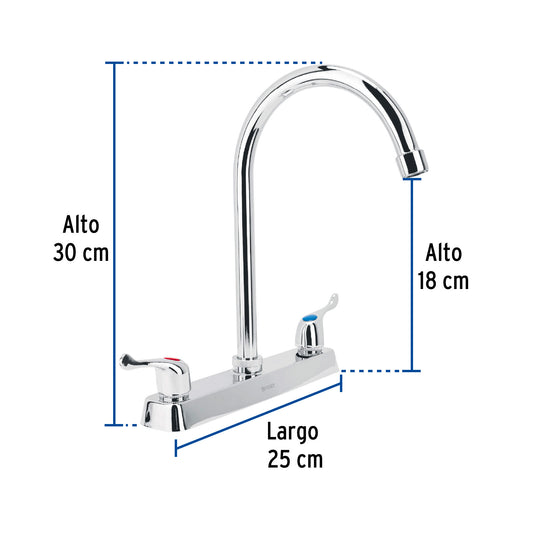 Mezcladora 8" fregadero cromo, cuello curvo, palanca, BASIC 45618