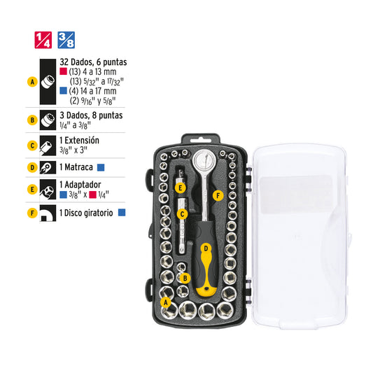 Juego de 39 herramientas 1/4" y 3/8" para mecánico, Pretul 23969