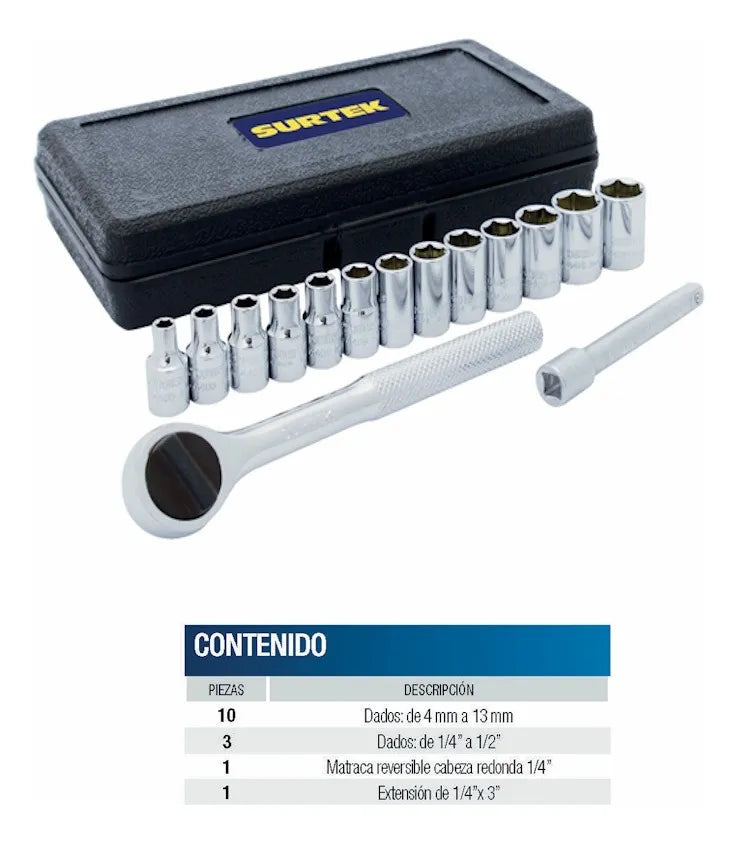 JUEGO DE 15 DADOS MÉTRICOS CUADRO DE 1/4", 6 PUNTAS SURTEK