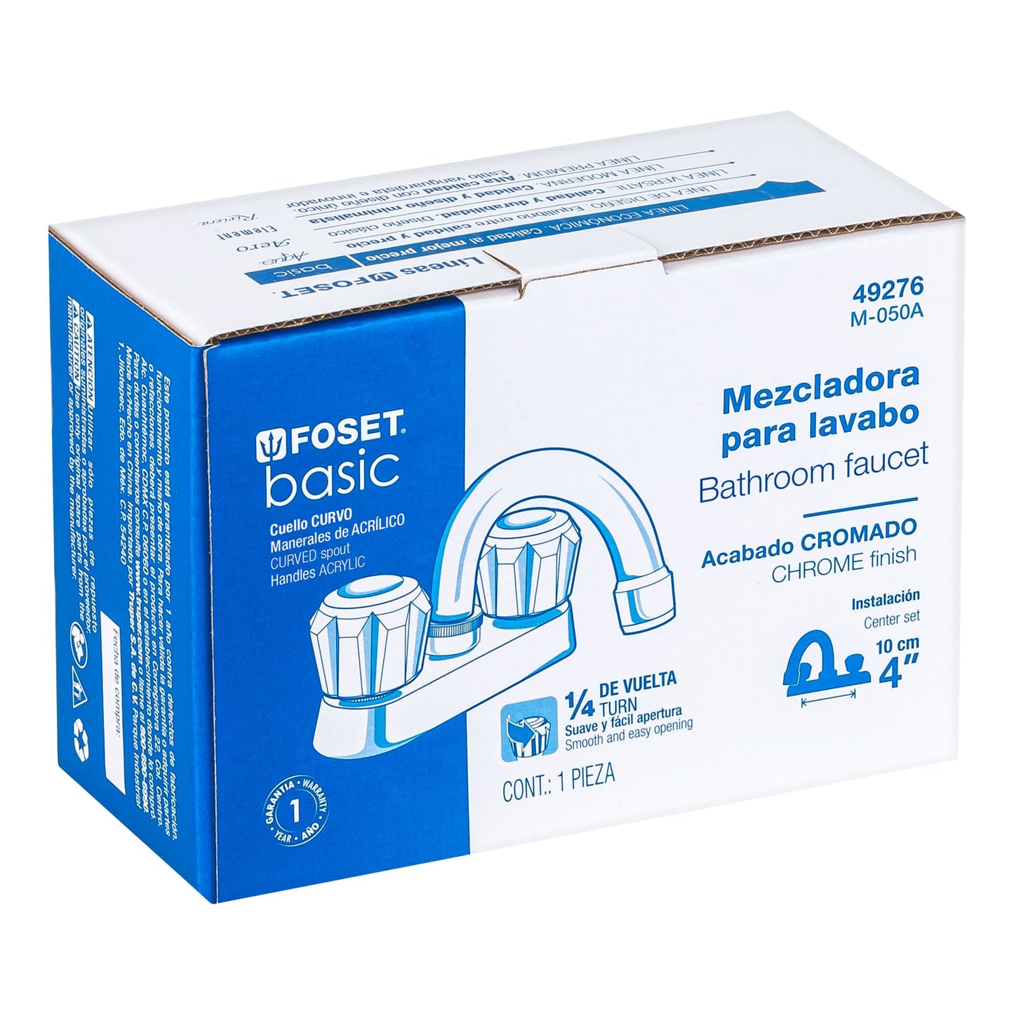 Mezcladora 4" para lavabo, cuello curvo, manerales acrílico 49276