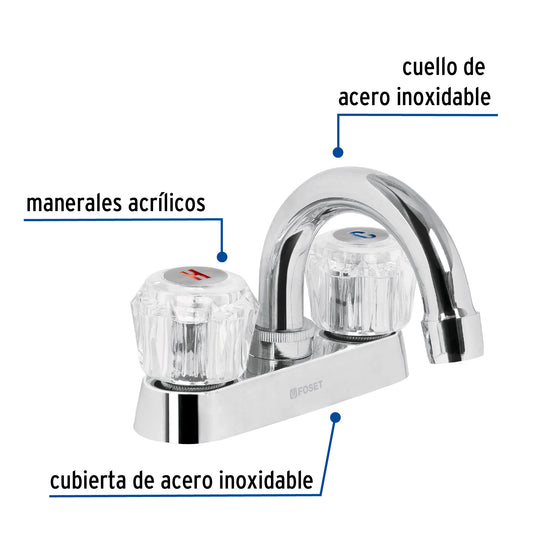 Mezcladora 4" para lavabo, cuello curvo, manerales acrílico 49276