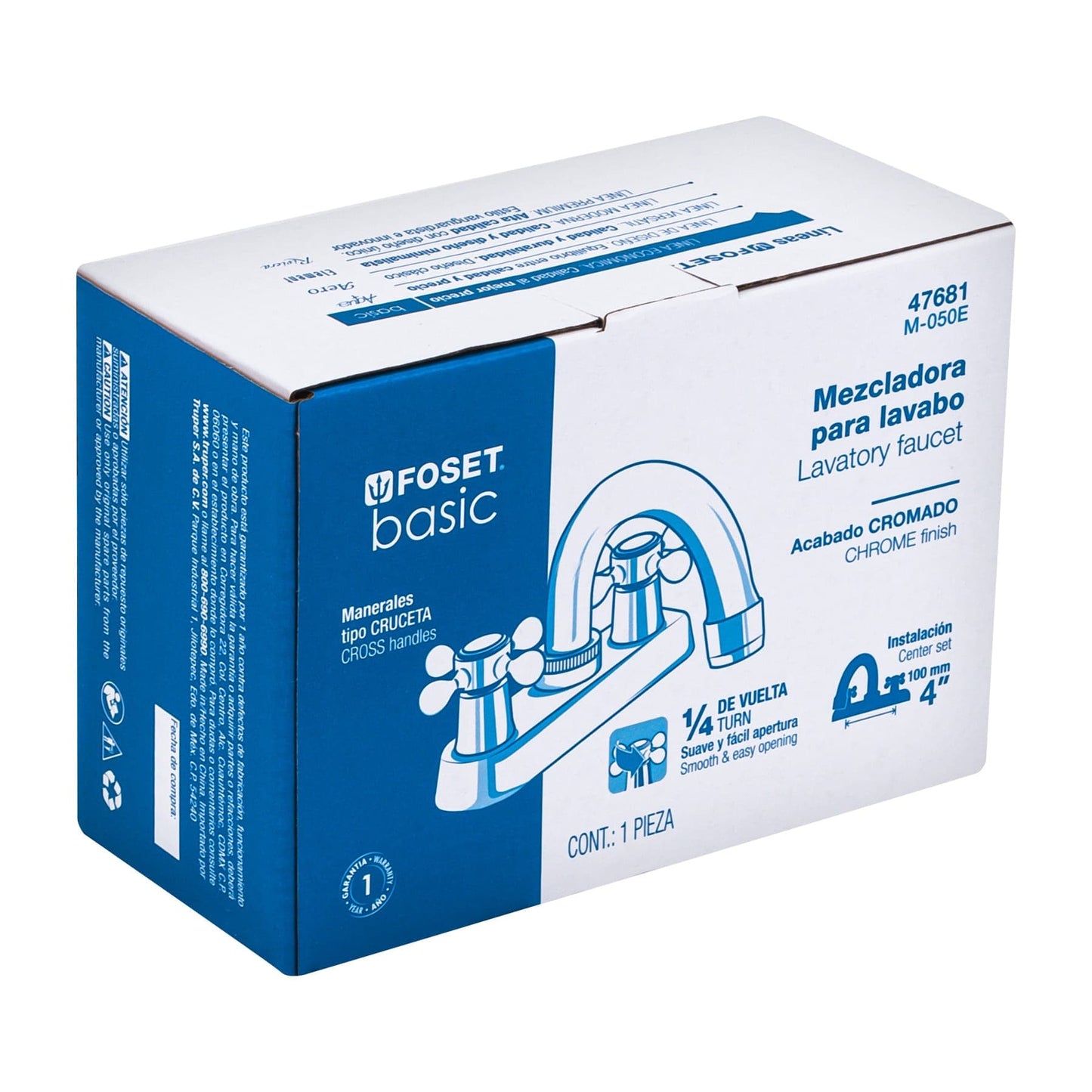 Mezcladora 4" para lavabo, cuello curvo, manerales cruceta 47681