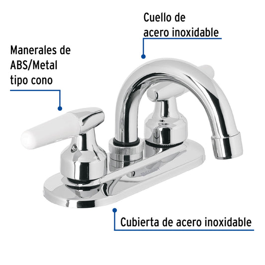 Mezcladora 4" para lavabo, cuello curvo, manerales cono49204