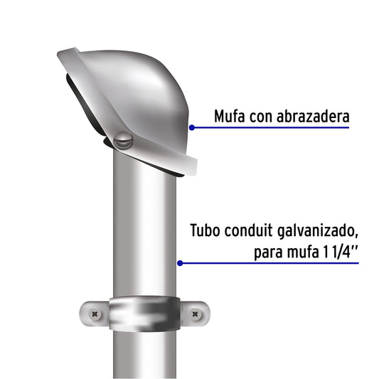 Mufa con abrazadera para tubo 1-1/4", Volteck