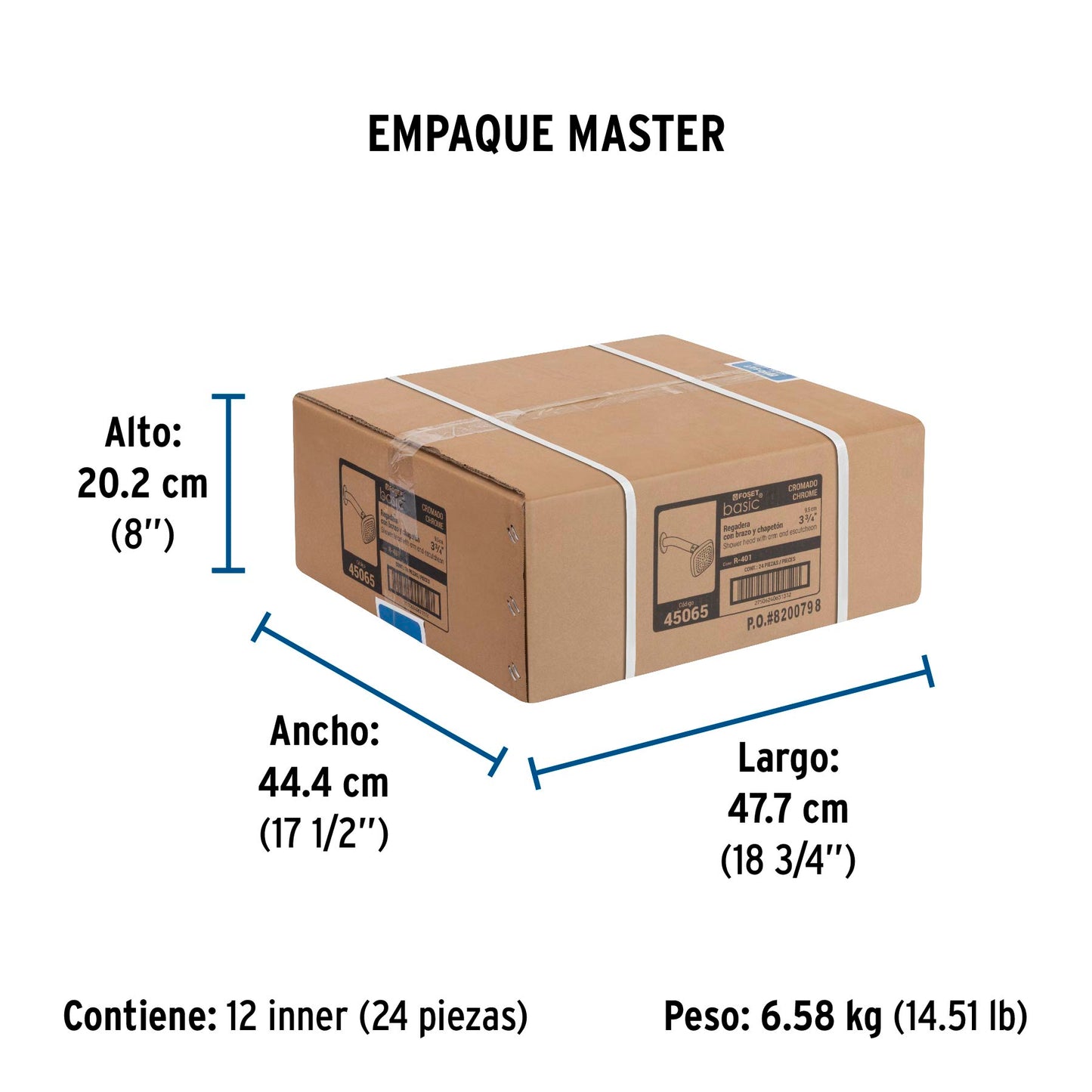 Regadera cuadrada 3-3/4" brazo y chapetón de acero, Foset 45065
