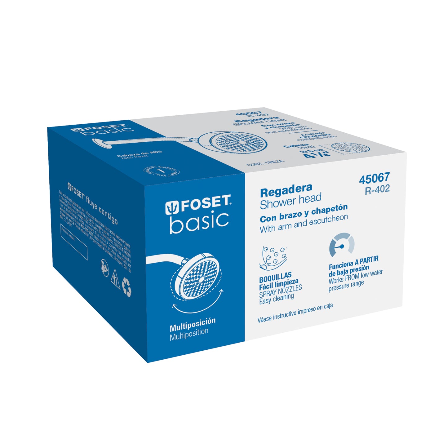 Regadera redonda 4-1/4" brazo y chapetón de acero, Foset 45067