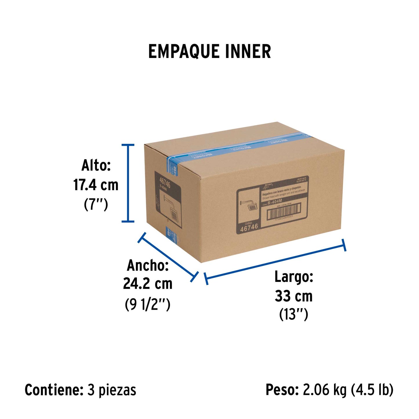 Regadera cuadrada ABS 6" acabado negro mate con brazo, Foset 46746