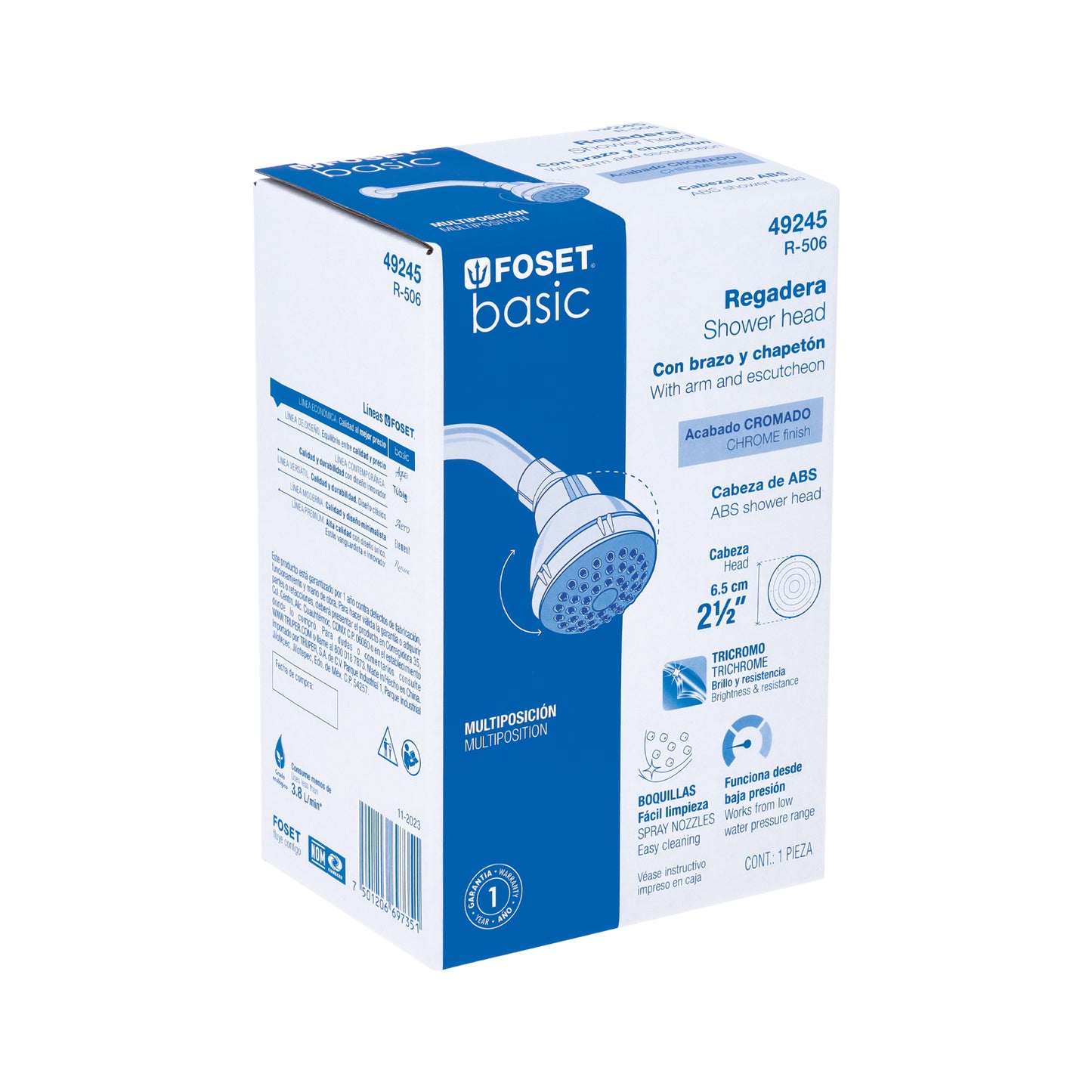 Regadera redonda 2-1/2" brazo y chapetón de acero, Foset 49245