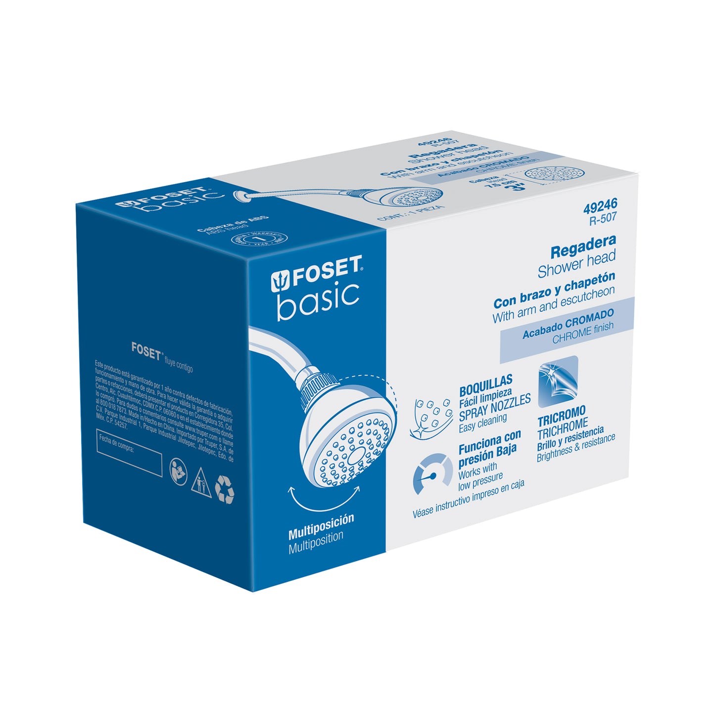 Regadera redonda 3" brazo y chapetón de acero, Foset 49246